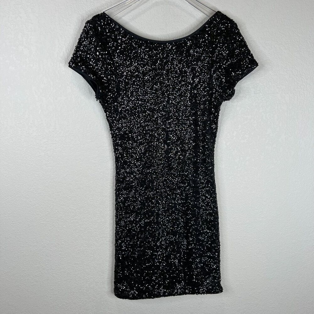 BLACK Mini Dress Small Black Sequined Short Sleeve‎ Open Back Cocktail